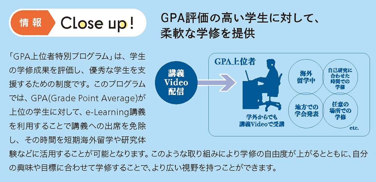 情報CLOSE-UP!：GPA評価の高い学生に対して、柔軟な学修を提供